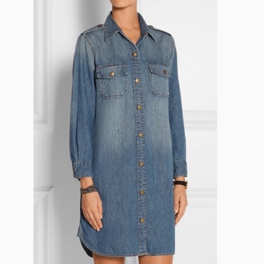 Current/Elliot Denim Button Down Shirt Dress Long Sleeve Bronze Buttons Medium